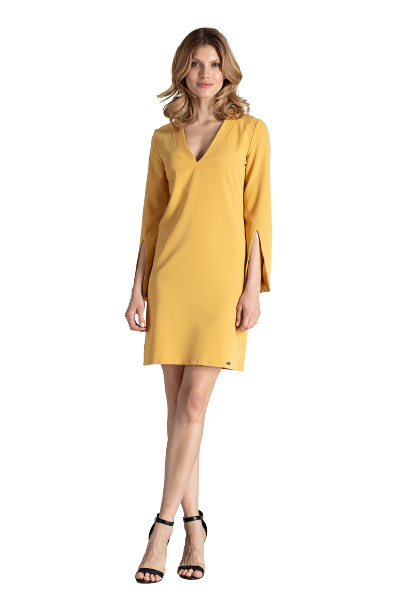 Sukienka Mini - Z Dekoltem V - żółta